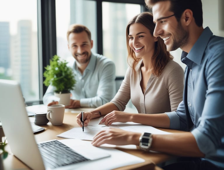 A person holding a smartphone with a financial application open on the screen, standing outside a modern glass building. The background shows a plaza with trees and pedestrians.