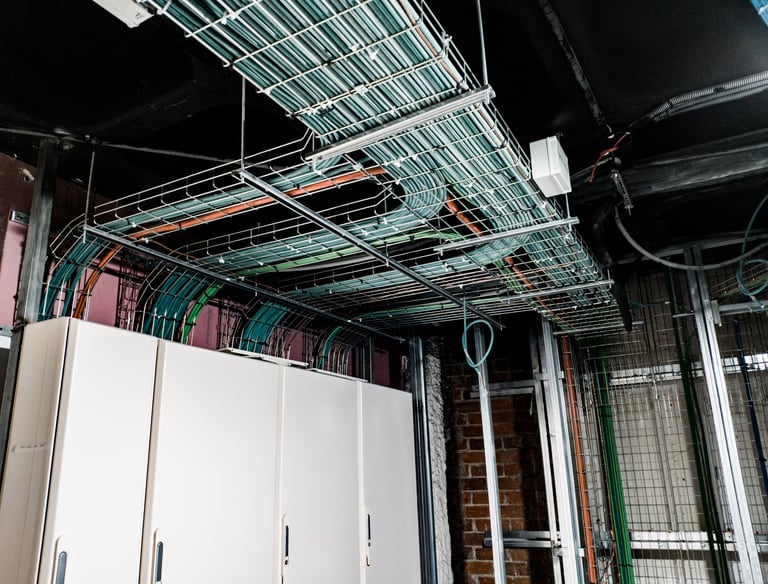 Cable management on the ceiling of a switch room