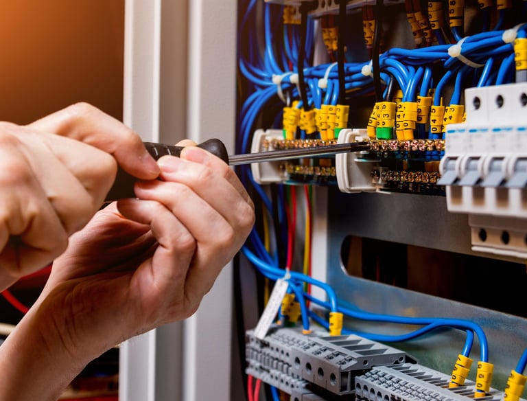Electrician working on a commercial panel