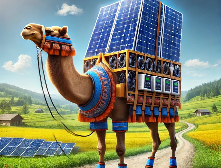 A horse equipped with solar panels delivering goods, symbolizing eco-friendly transportation.