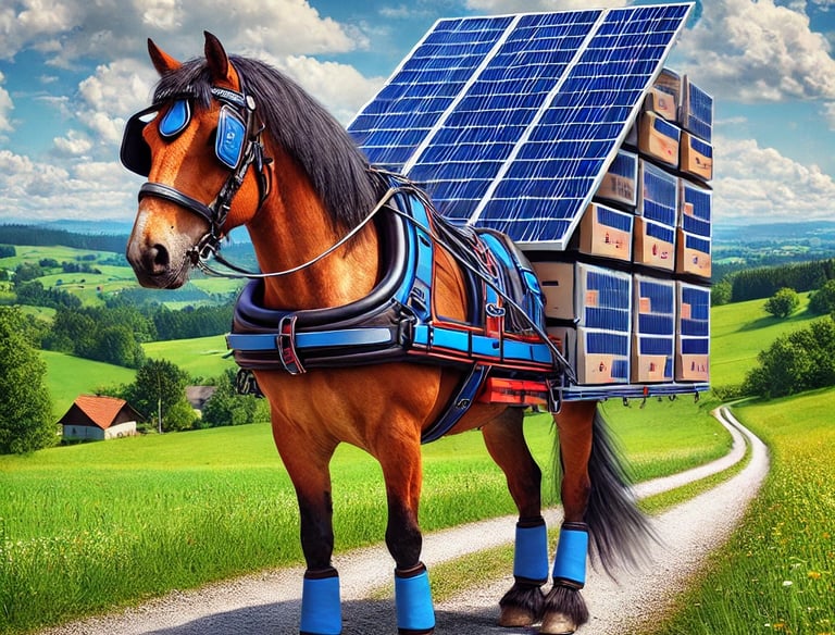 A horse pulling a mobile solar generator, illustrating sustainable delivery transportation.