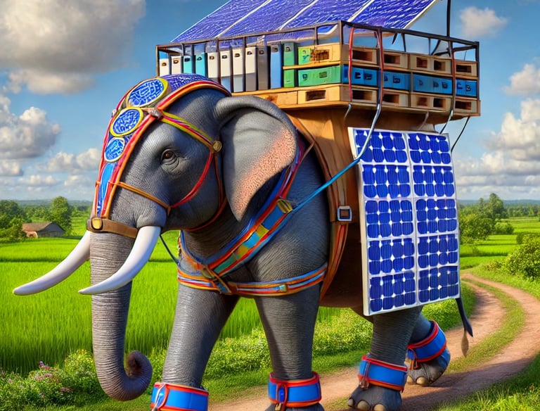 A horse carrying a solar panel array on its back, representing renewable energy shipping.