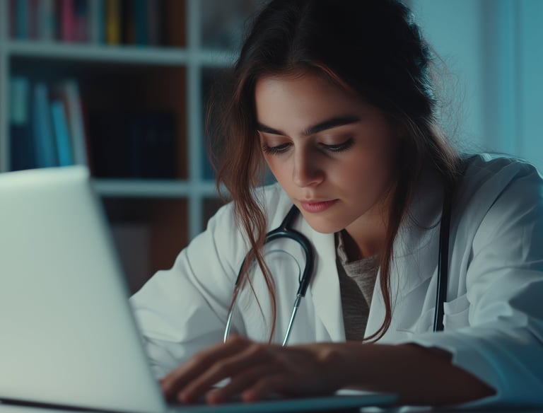 a woman in a lab coat and stethoscope on a laptop