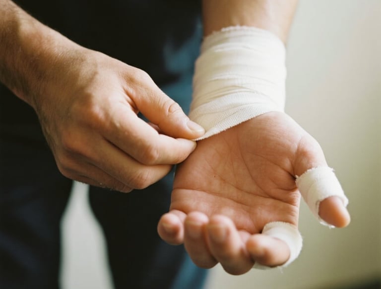 Homem com a mão enfaixada após sofrer acidente.