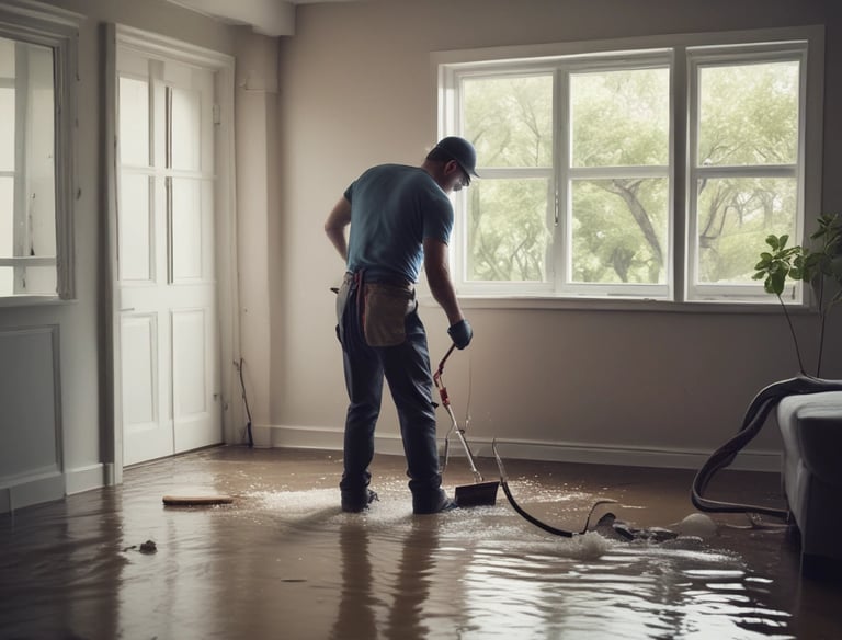 A technician inspecting water damage in a residential basement.
