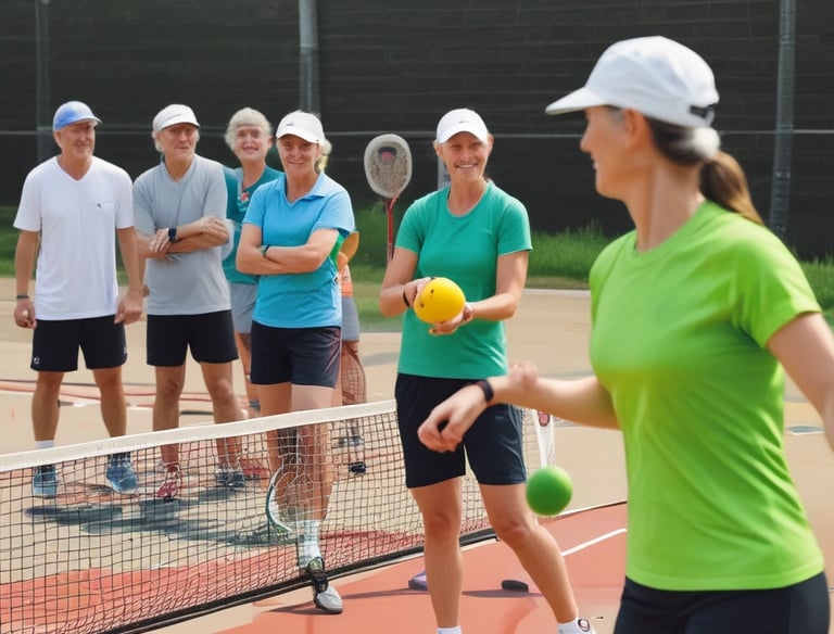 A person holding a blue paddle and a yellow pickleball over a tennis court's net. The court surface is orange clay, and there is greenery in the background.