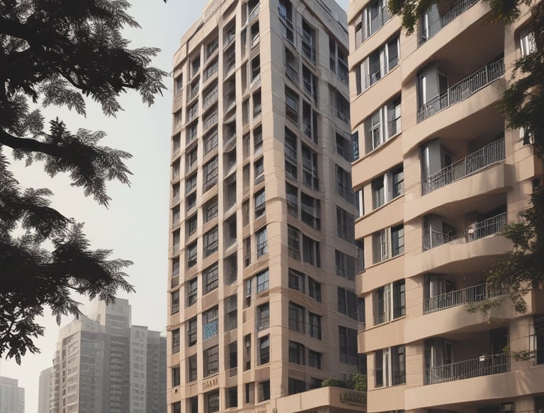 A busy urban street scene featuring a large commercial building with multiple signs, including V Mart and Kalyan Jewellers. Several vehicles, including an auto rickshaw and pedestrians, are visible in front of the building. The architecture includes tall structures with numerous windows and an arched entrance labeled 'RAJ TOWER'.