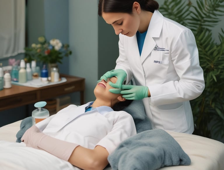 A person lies on a padded table with atop, having a beauty or acupuncture treatment. Another person in gloves is delicately performing the treatment, concentrating on the forehead area. The setting is calm, with a textured rug beneath the table and a soft pillow for comfort.