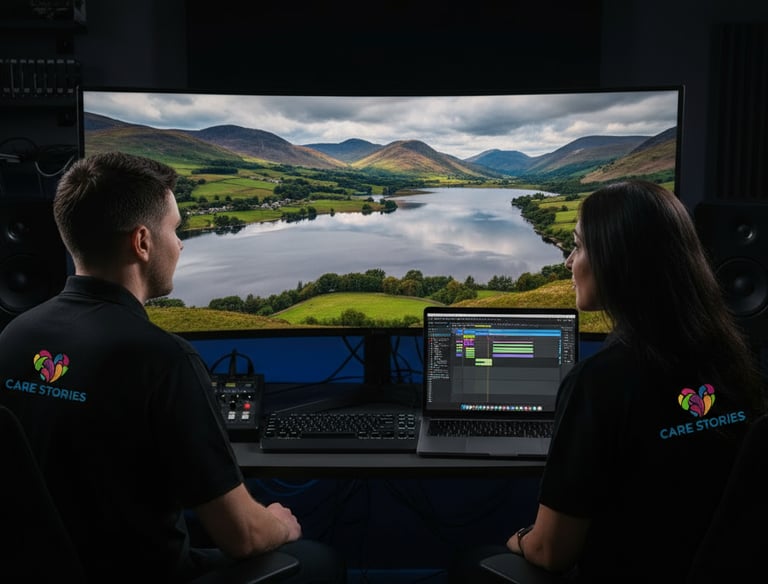 The Care Stories editing suite, two editors working on a video for a social care provider