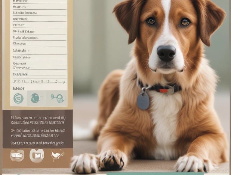 A white dog is sitting on a bed facing away from the camera. In front of the dog, there are several pet care products, including treats and oils labeled Botaneo, arranged neatly on the bed. The background features white bedding and a white nightstand with a white lamp.