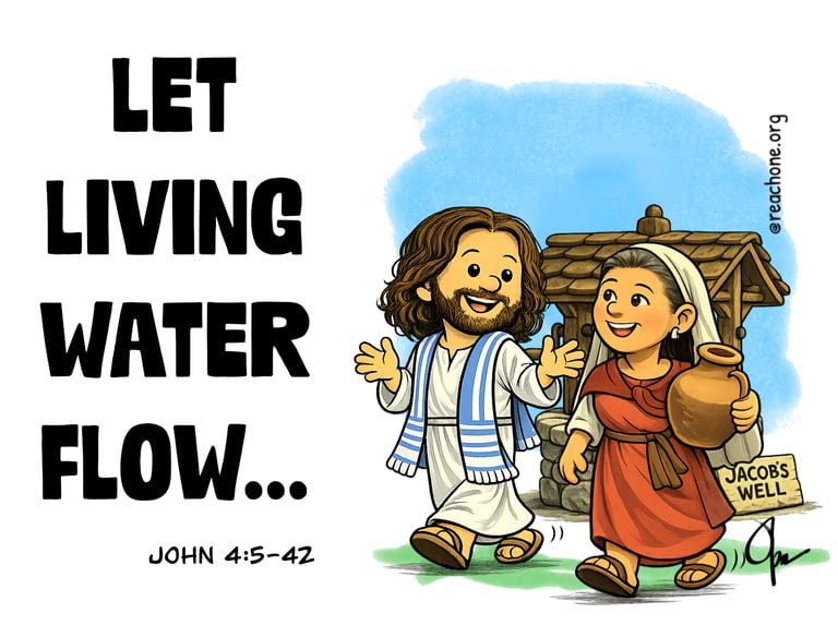 Cartoon of Jesus sharing living water at Jacob’s well