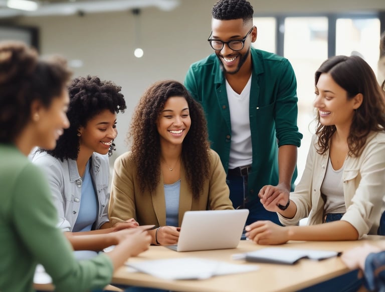a group of people sitting around a table with a laptop