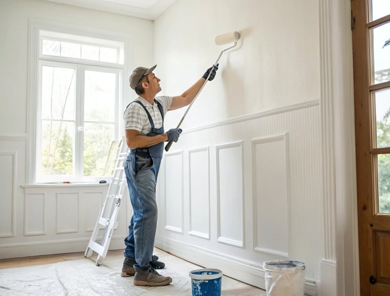 a man painting a wall with a roller brush