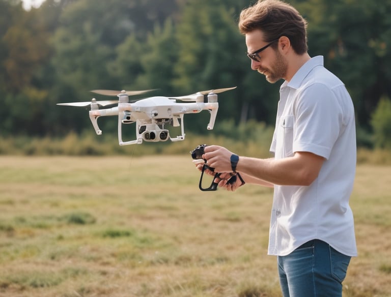 A drone is captured in mid-flight, surrounded by a backdrop of lush green foliage. The drone is dark gray with rotors spinning and a camera attached to its front.