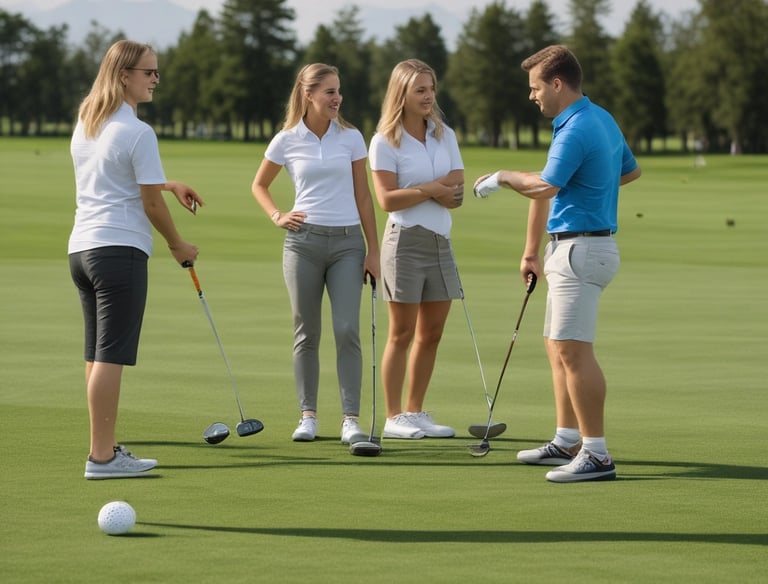 Gruppe von drei weiblichen und einem männlichen Golfspieler auf der Driving Range