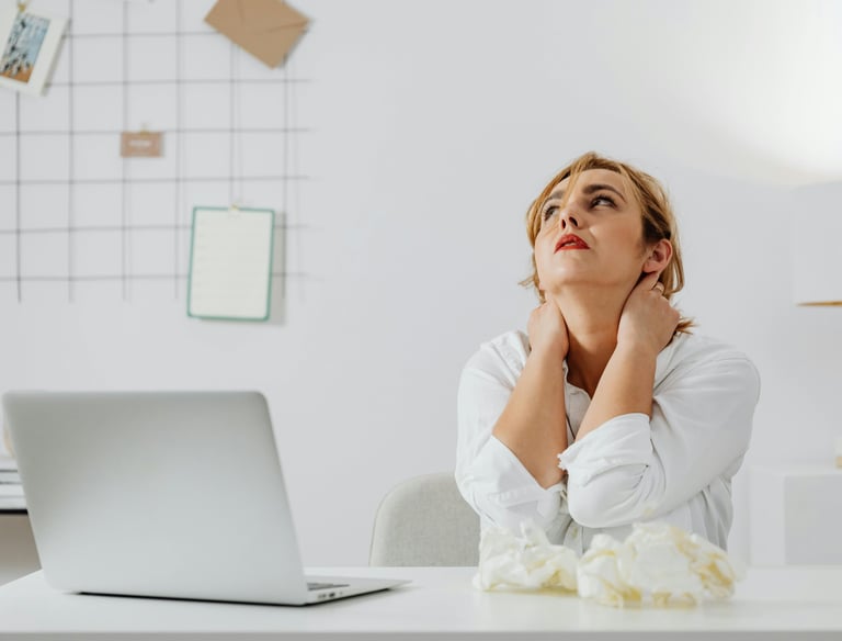a woman sitting at a desk with a laptop computer