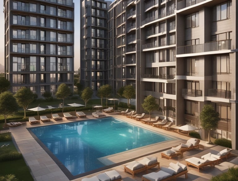 High-rise apartment building illuminated at night with city skyline.