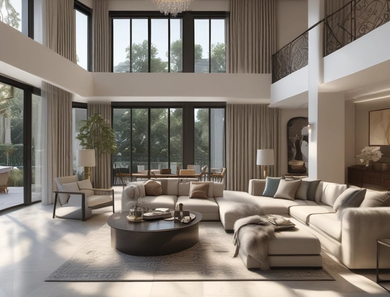 Stylish interior of a luxury apartment with floor-to-ceiling windows.