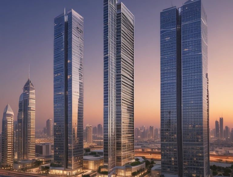 Elegant commercial office building with gold accents and modern design.