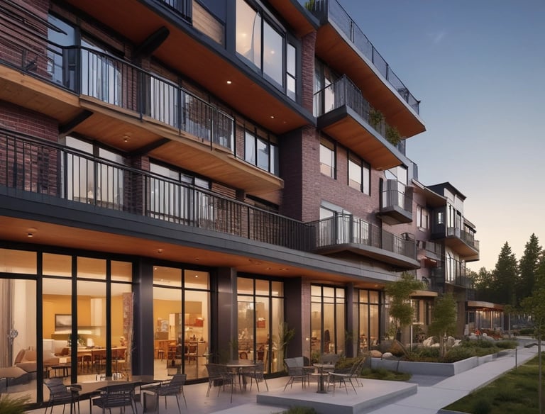 Mixed-use development featuring retail shops and residential units at sunset.