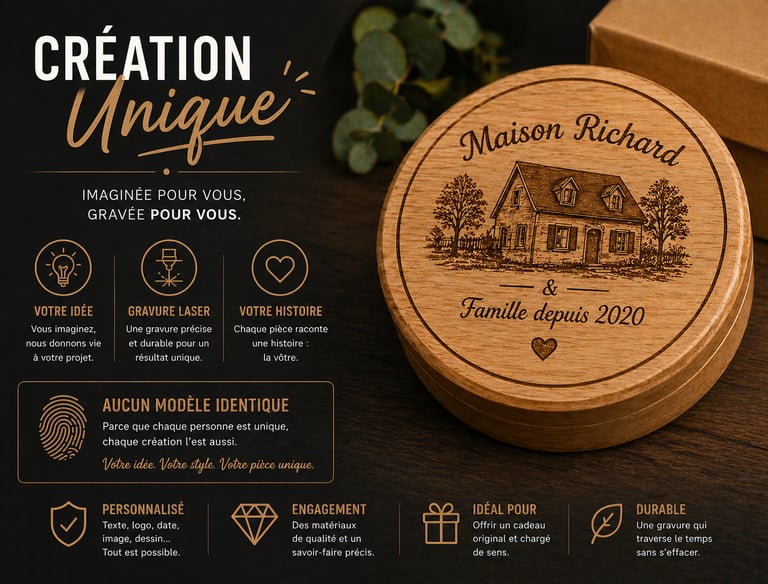 Custom engraved wooden box featuring a house illustration and personalized family name.