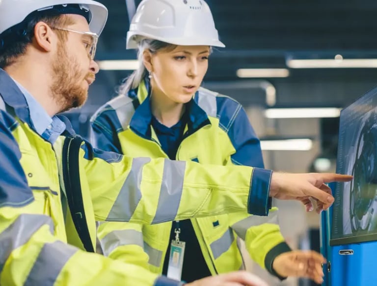 Enn projektledare visar och planerar konstruktioner på en digital ritning på en dataskärm