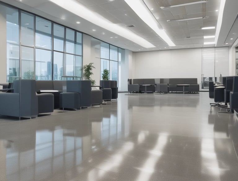 A janitor using specialized equipment to clean a commercial building lobby floor.