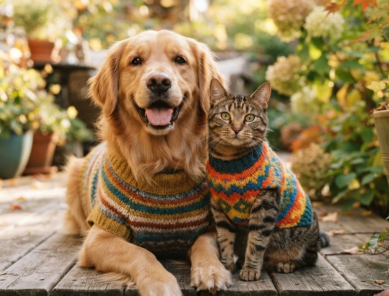 Golden Retriever dog and tabby cat wearing matching colorful knit sweaters outdoors in autumn.