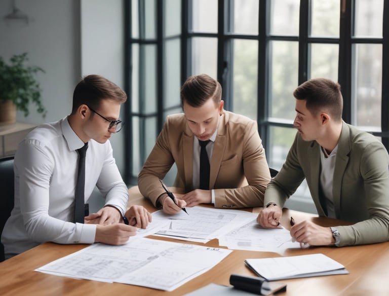 Warm, modern office space with architects discussing blueprints.