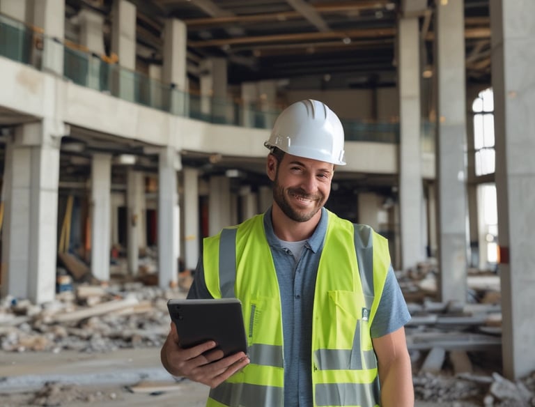 Professional team managing construction site with digital tablets.