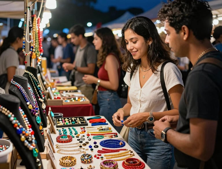 Crowd enjoying live music under string lights at an outdoor night market.