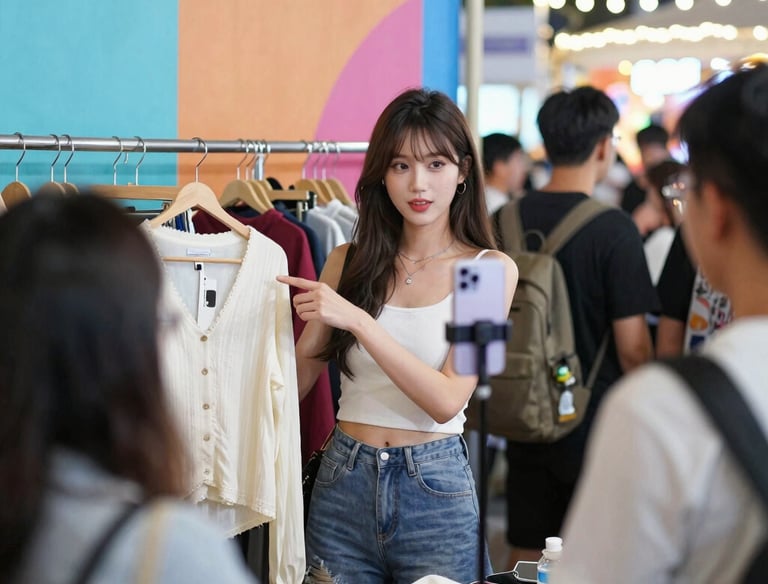 A bustling night market booth glowing with neon lights and colorful products.