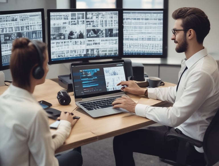 A professional translator working on a laptop surrounded by multilingual documents.
