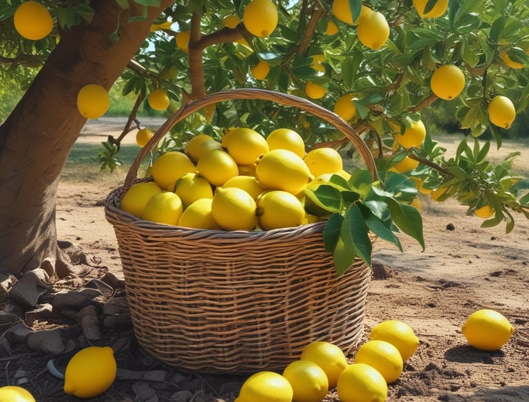 Lush lemon trees heavy with ripe yellow lemons in a Calabrian orchard.