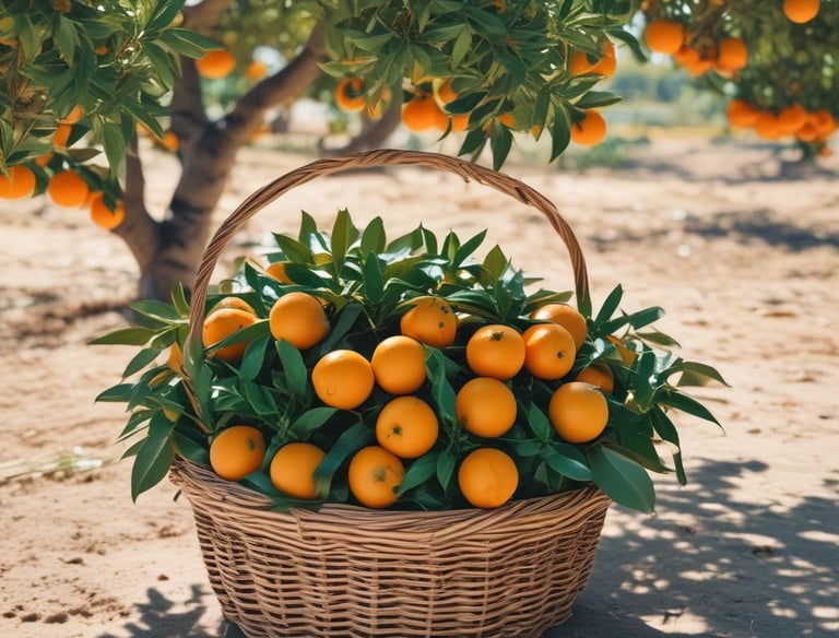 Close-up of bright, freshly picked Calabrian oranges on a rustic wooden table.