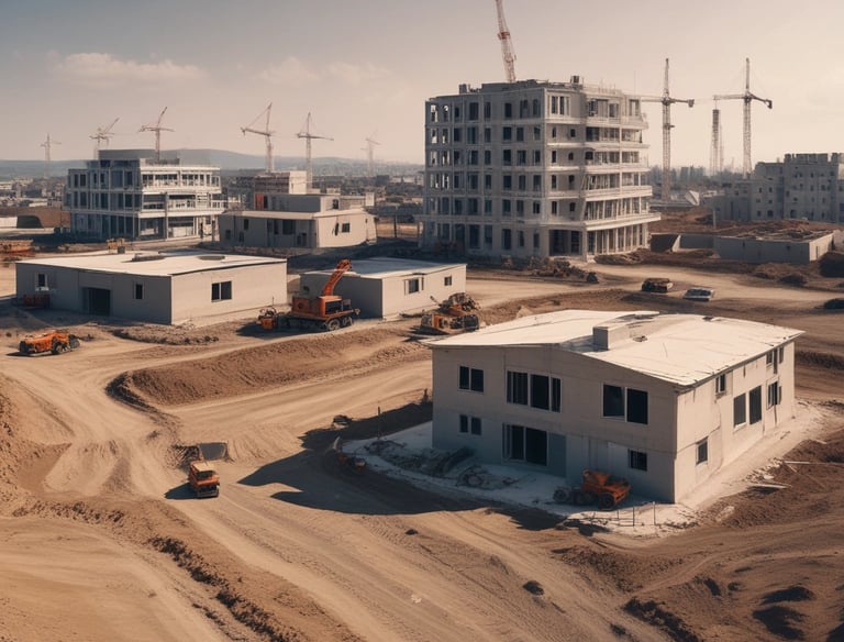 Modern construction site with workers and machinery in action.