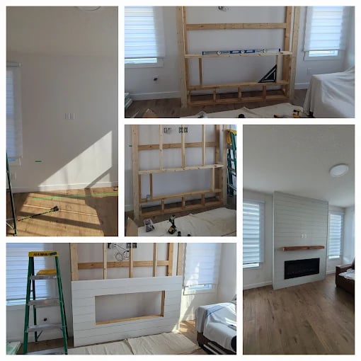 collage of building interior pop up fireplace wall with shelf cladded in shiplap construction