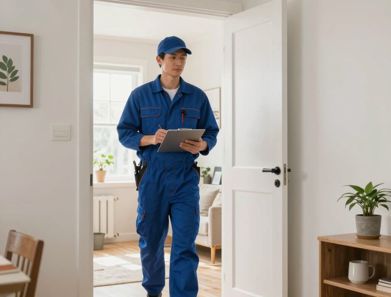 Technician inspecting a modern Hisense smart TV in a cozy living room.