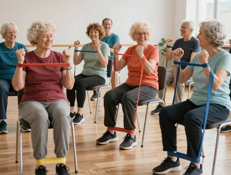 A diverse group of adults participating in an engaging online wellness workshop.