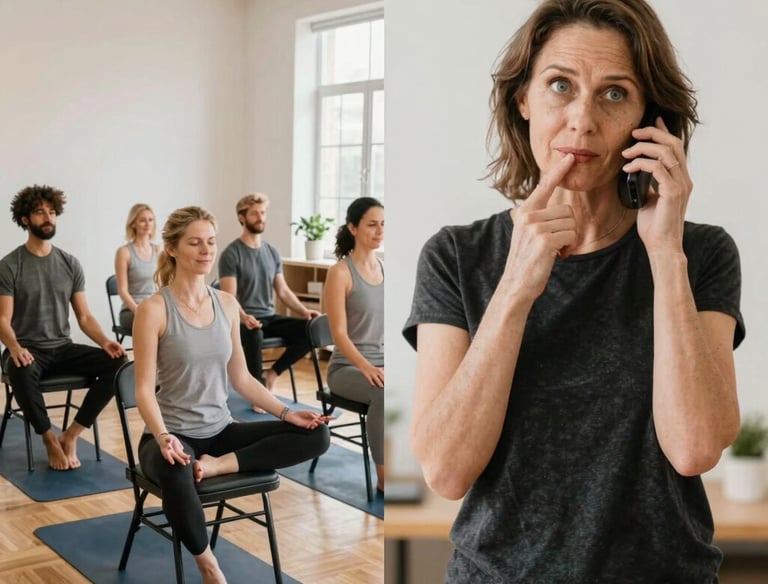 A friendly coach guiding a senior through simple wellness exercises in a bright, cozy room.