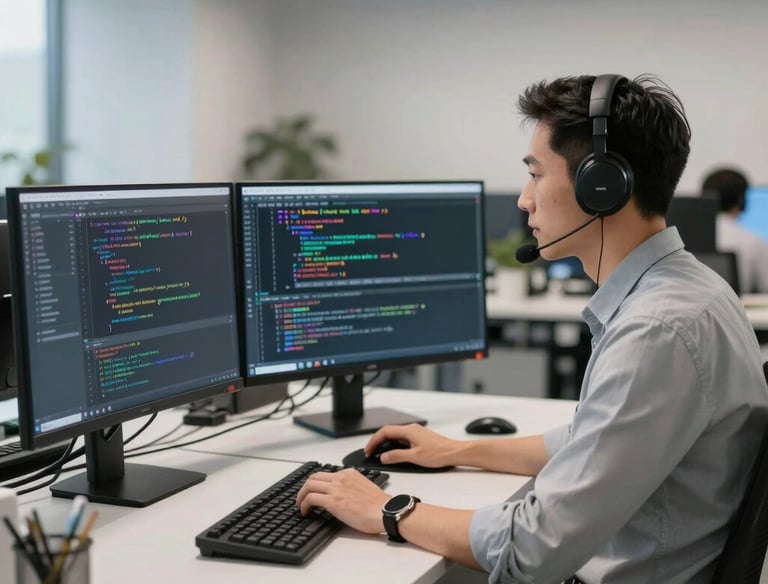 Team of developers collaborating over code in a modern office environment.