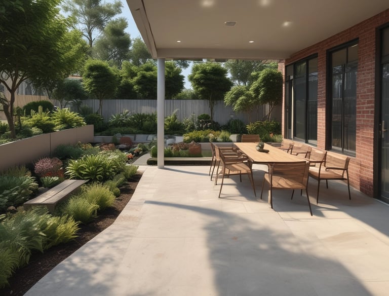 Tranquil garden path lined with lush greenery and soft lighting at dusk.