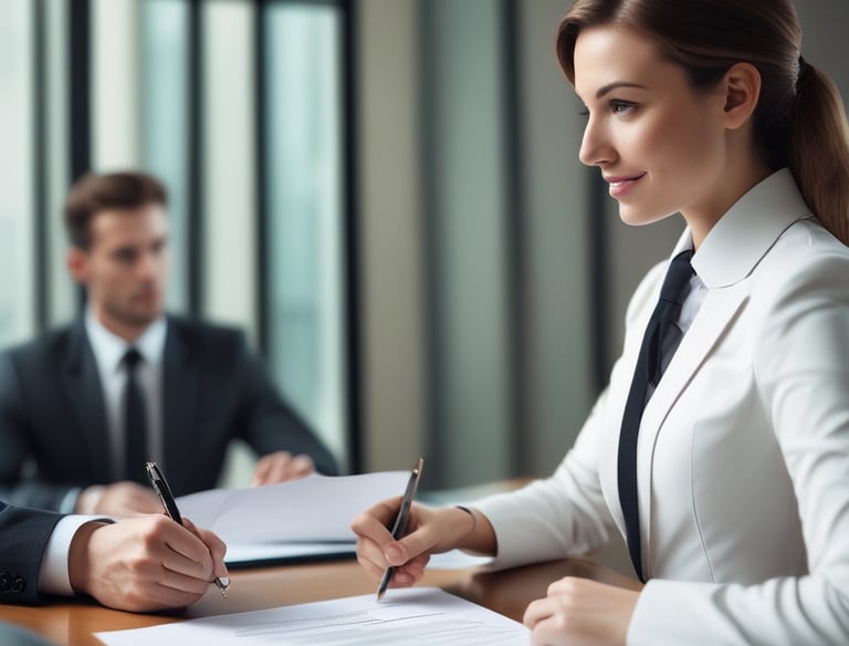 A confident businessperson shaking hands with a client, representing surety bond services.