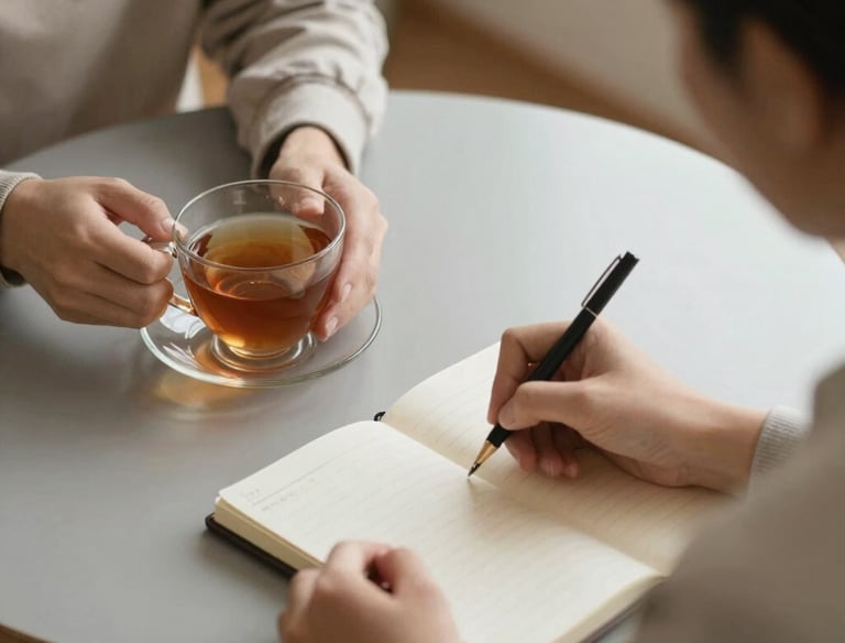 A warm, inviting scene of a woman journaling by a sunlit window with a cup of tea.