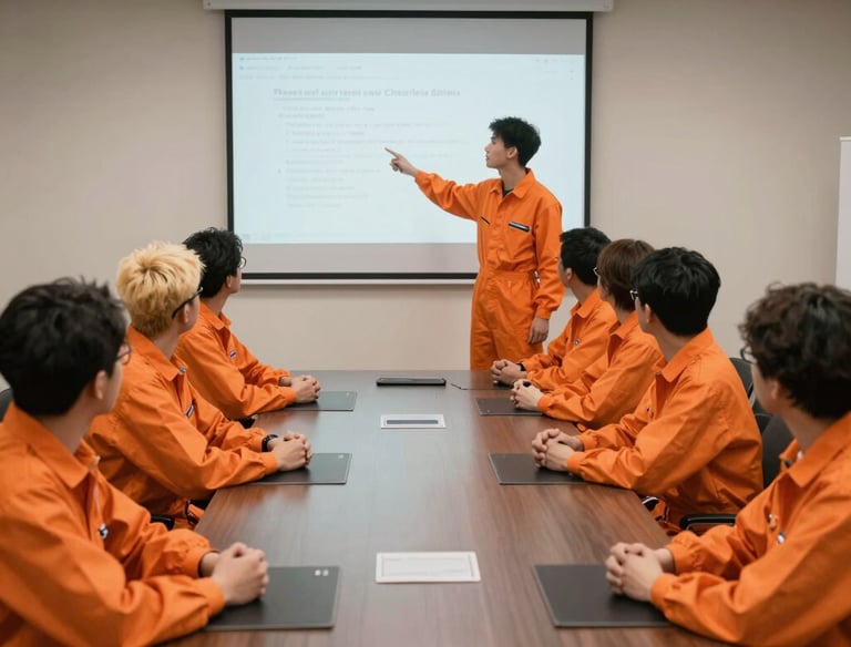 Group of technical leaders collaborating in a modern, minimalistic workspace.