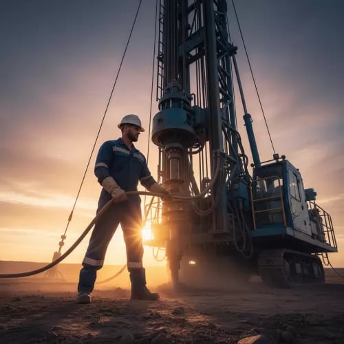Industrial worker operating a heavy-duty hydraulic drilling rig at a construction site during sunset.