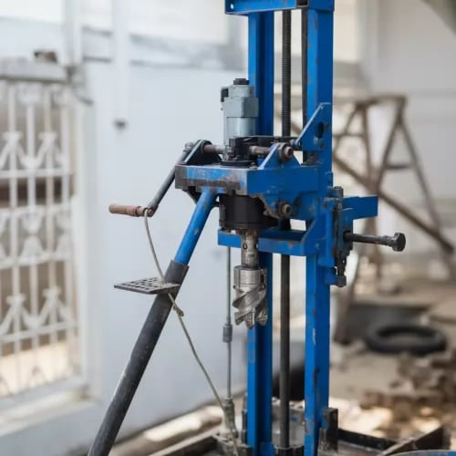 Industrial blue portable core drilling machine used for soil sampling and geotechnical exploration.