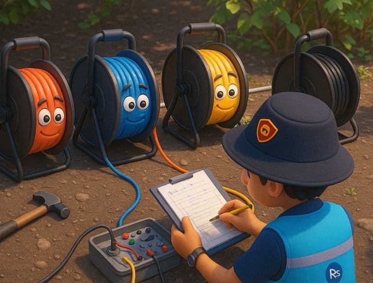 Two men operate a blue cable winch and survey equipment outdoors, likely for geotechnical or environmental testing. The