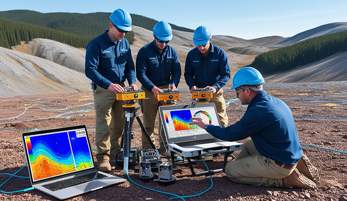 Geotechnical engineers in hard hats using advanced surveying equipment and laptops for terrain mapping at a remote field