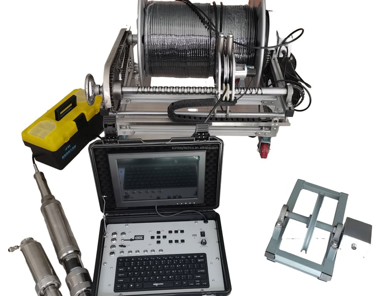 Industrial borehole camera system with waterproof inspection probe, cable winch, and monitor control unit.
